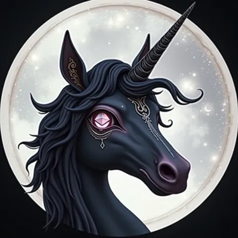 magical black unicorn girl, logo of ETH in eye, detailed face, detailed eyes, extremely detailed, 8k, high resolution, photorealistic, masterpiece, fantasy, dark, dramatic lighting, cinematic, moody, atmospheric, ethereal, intricate details, ornate, glowin...