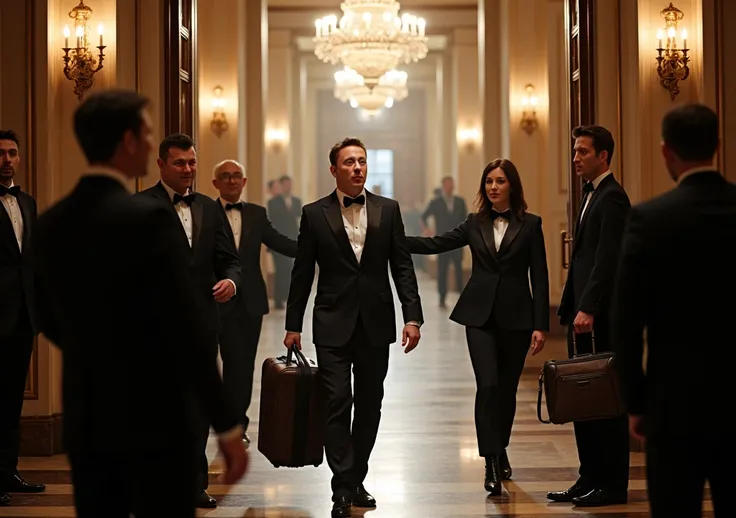 A dramatic scene at the entrance of a luxury hotel, where a group of hotel staff in formal uniforms is confronting Elon Musk. Elon Musk is holding a suitcase, looking surprised and slightly frustrated, as one of the staff members points toward the exit. Th...