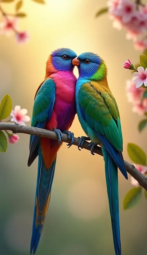 Here’s the updated prompt combining the vibrant bird colors with the intimate moment:

**"A serene and intimate moment captured in nature: a pair of beautiful birds, standing close to each other on a delicate branch. Their vibrant feathers shimmer in iride...