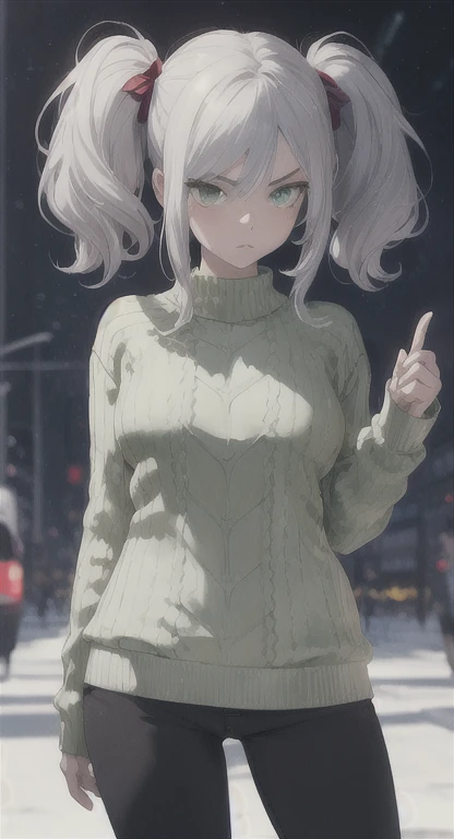 Ancient android, young woman, Illia, silver hair, green eyes, looking at viewer, annoyed, pigtails, long messy hair, Christmas sweater, pants, casual pose,