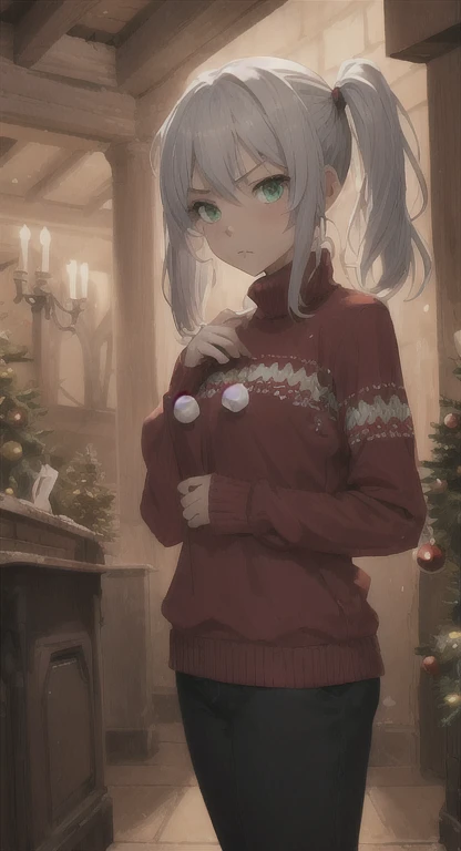 Ancient android, young woman, Illia, silver hair, green eyes, looking at viewer, annoyed, pigtails, long messy hair, Christmas sweater, pants, casual pose, medieval chamber,