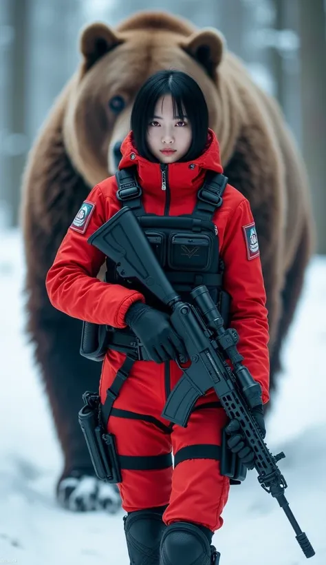 High resolution, Black-haired Russian woman, Red eyes, Short Hairs, Red tactical suit、Bulletproof vest，Black gloves on hands, Holding A Sniper Rifle, Black survival boots，Secret base passage，Wide-angle shot，T-Shirts，Shorts，He has a transformation belt arou...