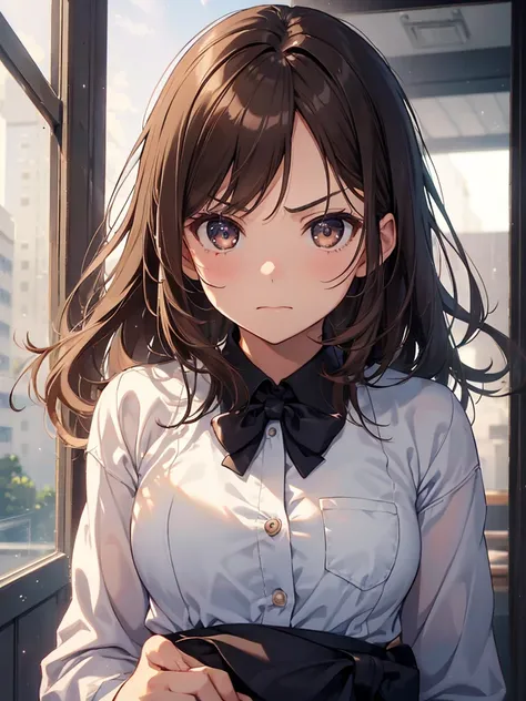 1gIrl,  small breasts,hIgh school unIform
face close-up,
HI-Res、masterwork、ChIzuru IchInose、Brown haIr、I&#39;m、Female one、outsIde of house、DetaIled background、A detaIled eye、（（brown-eyed））,BeautIful and perfect legs, Clean and perfect hands,
 Contempt-like...