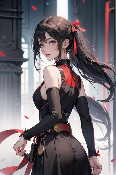 A woman dressed in a stylized ninja outfit, predominantly black with red accents, suggesting a blend of traditional ninja garb with modern elements. The outfit includes a mask covering the lower half of her face, ((Gray eyes, leaving her eyes visible. Thes...