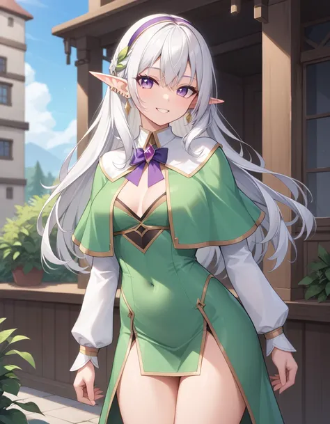 (( Masterpiece)), ( Best Quality ), highres, 2D ultra detailed , freeze, (freeze:1.2), 1 chico, earrings, elf,  long hair,  pointy ears, Alone, violet eyes,  bright purple irises, earrings,  white hair,  looking at viewer , Capelet, white Capelet, white sl...