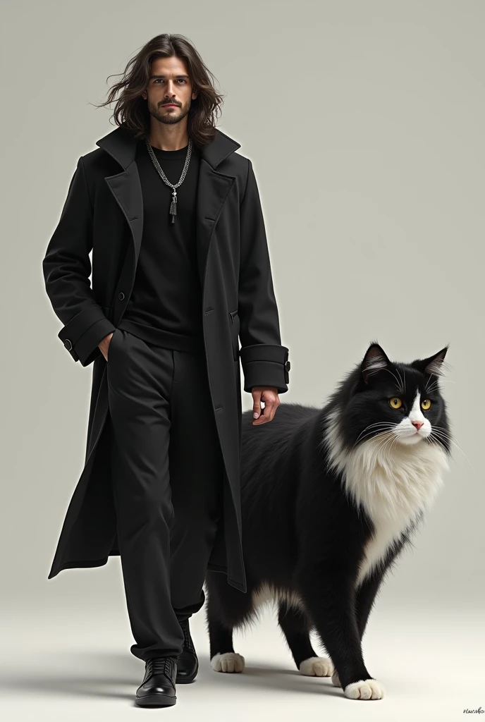 A man with long hair and no frills dressed in black casual walking with a very large black and white angora cat rakwalking together 