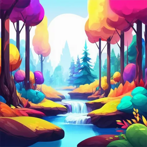 create a smooth abstract multicoloured painting in 2d of a minimalist 2d forest with a river, outdoor, solid white background , 2d platformer game , global illumination, vibrant colors