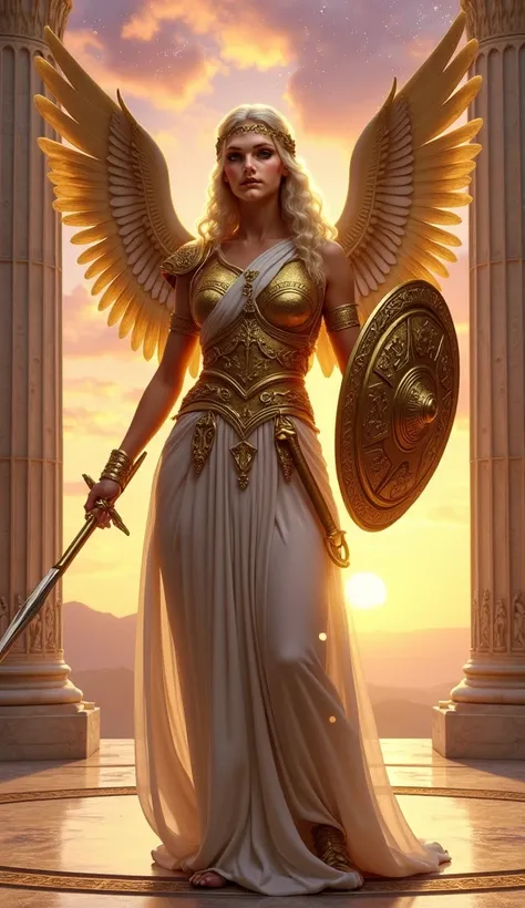 The goddess Athena, at 38 years old,  is positioned in center of a circular courtyard of an ancient Greek temple ,  surrounded by marble columns carved with scenes from mythology .  She holds a golden shield with intricate symbols of wisdom and justice ,  ...