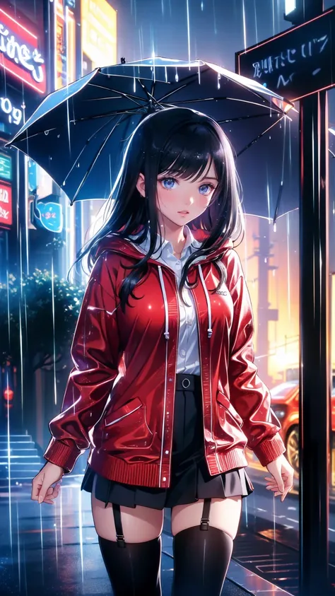 8k，masterpiece，  best quality and best  ，hyper detailing，Realistically，Realistically，   very detailed face  ， movie lights， movie lights，  ray tracing ，Hair without lights  ， Cloudy city ，Corner store  ，bus stop，  torrential rain and heavy rain  ，  girl wi...