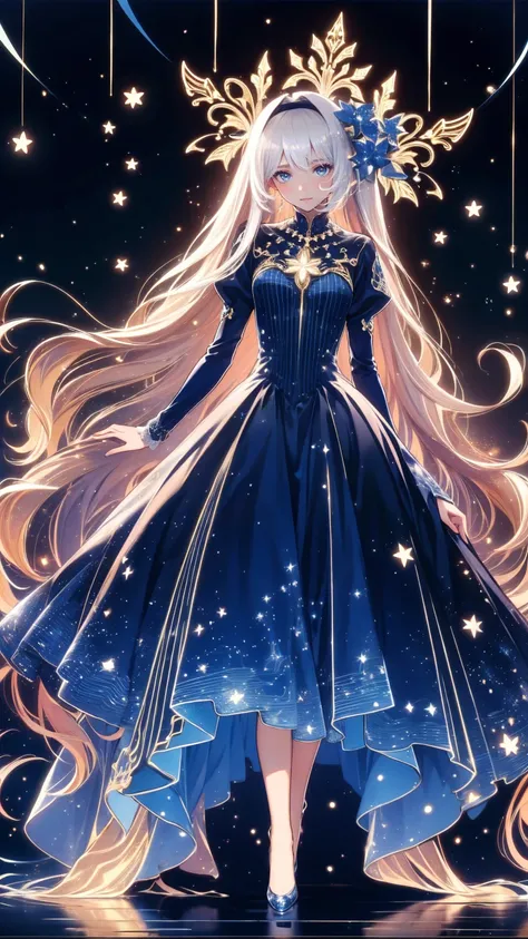 Anime, Cute girl with long hair , whole body, beautiful face,  cute eyes from the right, Starry sky background, Im wearing a dress and a gold necklace ,  Dreamy Atmosphere ,  Fantasy Art Style , in the style of Anime,  My hair has 2 different soft shines