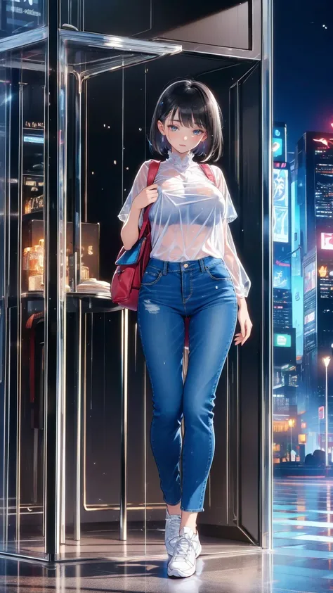 masterpiece,  high definition ,  One Girl , 20 and.〇,  black hair, p〇nytail, ( just the right fit:1.7), Thin, Transparent white shirt:1.7, ( wet:1.2),( Big Bust:1.5),Denim mini pants,  wears sneakers, carrying rand〇fun backpack, (rand〇fun backpack:1.1), cr...