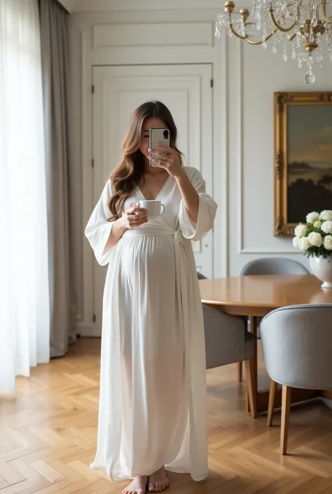  The image shows a pregnant woman taking a selfie in a sophisticated and well decorated environment .  She is wearing a long white dress and comfortable ,  accompanied by an equally white robe ,  creating a minimalist and elegant look .  The woman holds a ...