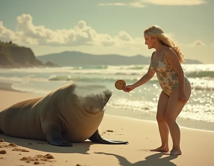 fat seal elephant lying on the sand looking at a pretty lady over 50 years old, with long blonde hair, dressed in an old bathing suit, who offers him a delicious cookie to feed him, the reference face must be on the animal, set the image as an old photo fr...