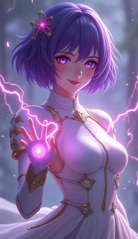 3D bionic style, oriental purple short-haired beauty, wearing shimmering white gold shoulder armor, moving like a ghost in the light and shadow, overall agility, high resolution, short hair, details, neon purple eyes, smile, neon lightning text magic hands...