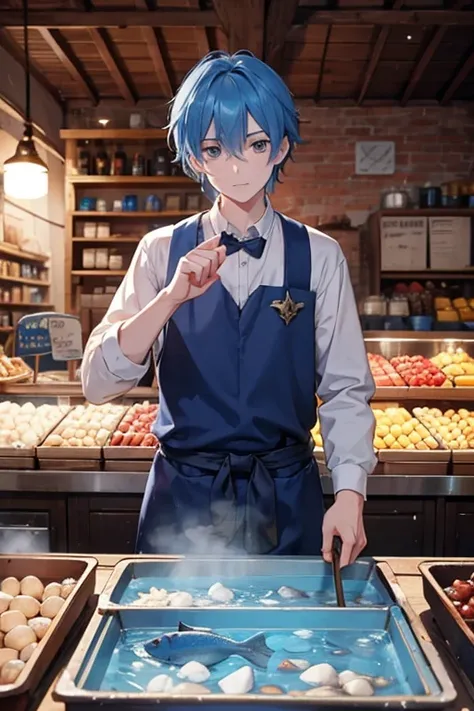 Male student, Wizard, Blue Hair, sweat, middle ages, Fishmonger, market, evening