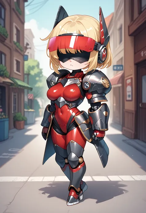 ((masterpiece)), 1girl, solo, robot body, armored arms, armored legs, red bodysuit, ((black armor)), eyes and nose hidden with visor, V shaped visor, medium breasts, blonde hair, tinted visor, no eyes, no ears, in capsule, cute, shortstack, chibi, blindfol...