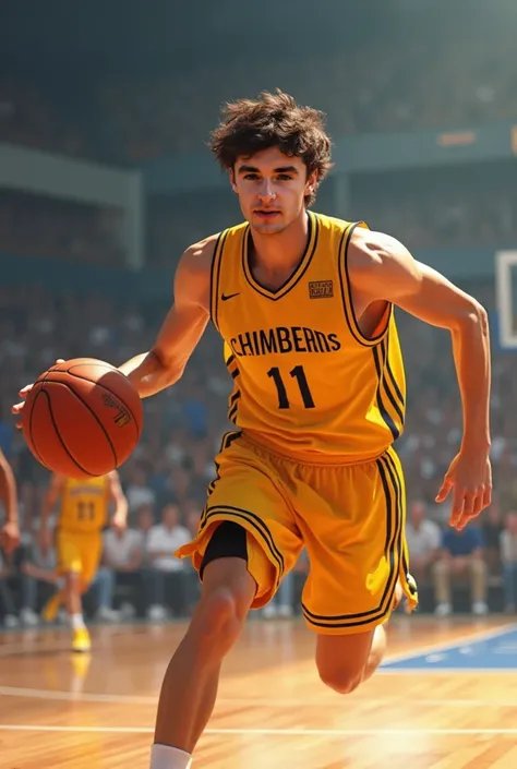 I took a picture of my son basketballing, he is a 19-year-old man who is thin, athletic, short wavy hair, messy, wears a yellow basketball uniform.. Number 11 . 