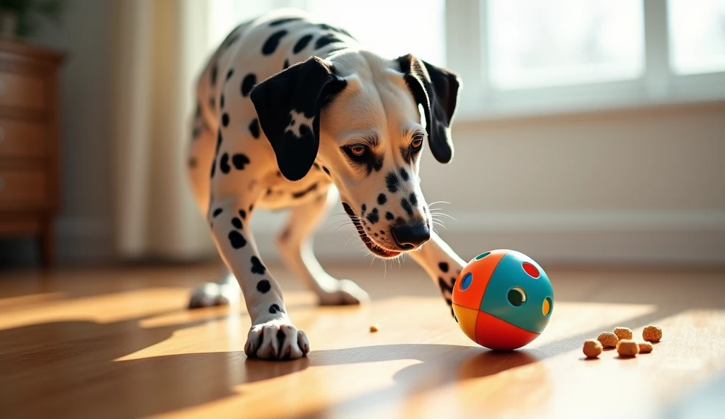 “Generate a realistic image of an adult Dalmatian playing with an interactive treat toy in the middle of a brightly lit room. The toy is a colorful plastic ball with small holes that release treats as he pushes it. The Dalmatian is focused and relaxed, wit...