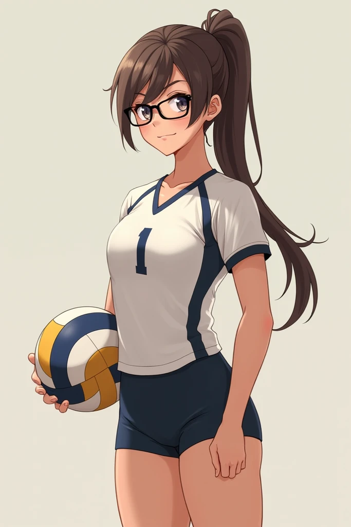 A  volleyball girl with brunette tanned glasses with black hair 