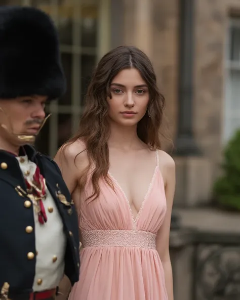 Photo of a very beautiful twenty year old sexy woman with medium brown hair, dressed in a light pink sundress, standing next to a Royal Scottish  Guardian outside Edinburgh Palace