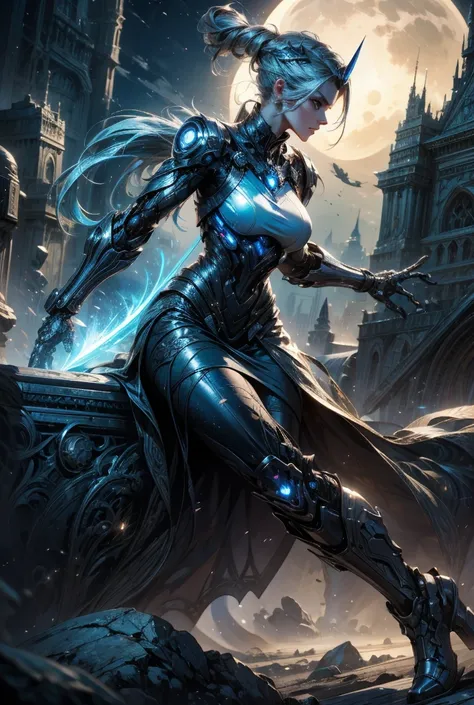 A hyper-realistic photograph of a futuristic cyborg woman, her sleek chrome skin glistening under the moonlight. Shes wearing a metallic, form-fitting cutout skirt outfit that seamlessly blends with her cybernetic body, exuding both power and style. Her le...