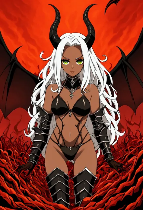 Devil girl, dark skin, horns, white hair, green eyes, black bikini armour, sexy lady, devil horns, devil long tail, lust, hell field, magma, lost souls.