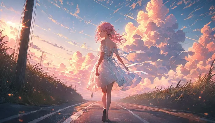 8k,17-year-old female， extremely delicate and beautiful , beautiful and realistic skin ,  long, shiny pink hair, symmetrical , Back view of a girl walking on the sidewalk next to the road looking at the clear sky, Full body view, Feeling of freedom 