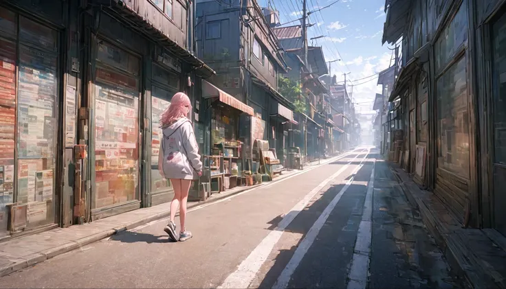 8k,17-year-old female， extremely delicate and beautiful , beautiful and realistic skin ,  long, shiny pink hair, symmetrical , Back view of a girl walking on the sidewalk next to the road looking at the clear sky,Hoodie, Full body view, Feeling of freedom 