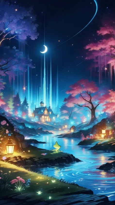 Twilight covers the kingdom, The sky is alive with a celestial show. Countless stars sparkle like glittering diamonds, Their ethereal glow casts a soft light on the landscape. moon, Shining and overflowing, enveloping everything in a gentle silvery light, ...