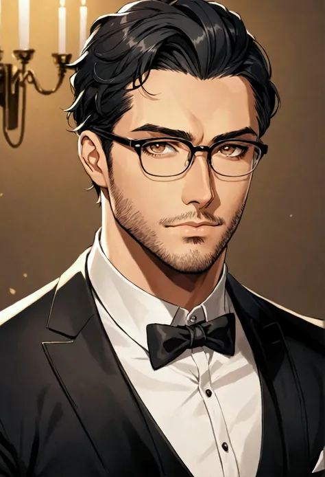 31-year-old man, successful, handsome and stoic looking. With glasses and black hair. Sexy.