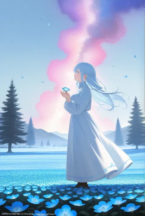 (absurdres, highres, ultra detailed, UHD, cinematic), solo, 1girl, mature, happy, girl standing in light blue flower field, light blue flower petal surrounding girl, full body, blue long hair girl, light blue hair, fantasy, dreamy, snowy, official art, pop...