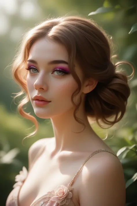 Create a hyper-realistic digital model of a young woman with delicate facial features. She has long, naturally wavy brown hair and flawless, fair skin. Her almond-shaped, slightly upturned eyes are adorned with subtle winged eyeliner and soft, neutral eyes...