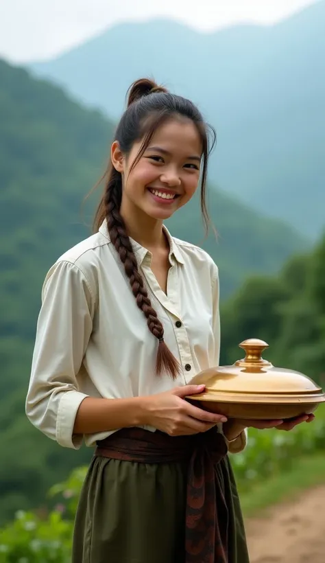 A beautiful rural Thai woman from Northern Thailand with fair skin and long hair tied into a ponytail. She is wearing casual traditional Northern Thai clothing, exuding a cheerful and playful demeanor. She holds a tray of food with a covered lid in one han...