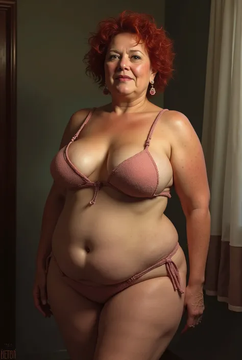  Realistic erotic image of a 72-year-old woman named Elsa Liliana Centurión,of chubby build, redhead with short curly hair ,  with very large breasts in nude trikini and colaless 