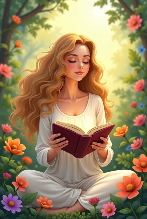 design , of a woman with golden curly hair,In a state of peace with a book in the hands . cartoon in a garden surrounded by flowers praying 
