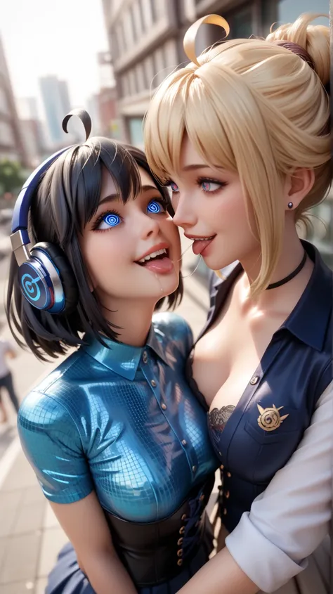 Mother and 2 girls standing in the city, Ahoge,  black hair, smile, Lens reflection,  reflecting light , In extremely tight shiny blue metallic polo shirt, Spiral eyes, corset,from above,saliva, salivafluss, salivaspur, headphones, kiss, face to face,  blo...