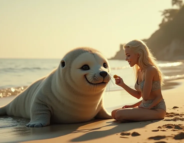 fat seal elephant with a smiling and friendly human face, lying on the sand looking at a pretty older lady of 50 years of age, with long blonde hair, dressed in an old bathing suit, who offers him a delicious cookie to feed him, the face of the The animal ...