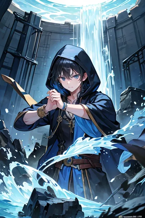  man,  Wizard,Fighting with the magic of water, dark blue robe,hooded ,  bracelet , tattoo,  black hair, middle ages, ruins