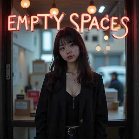 The image features a young Korean woman, a K-drama actress, posing in a melancholic and dreamy setting. She stands in front of an empty cafe, surrounded by hazy, reverb-drenched lighting, symbolizing the title "Empty Spaces." The background showcases a blu...