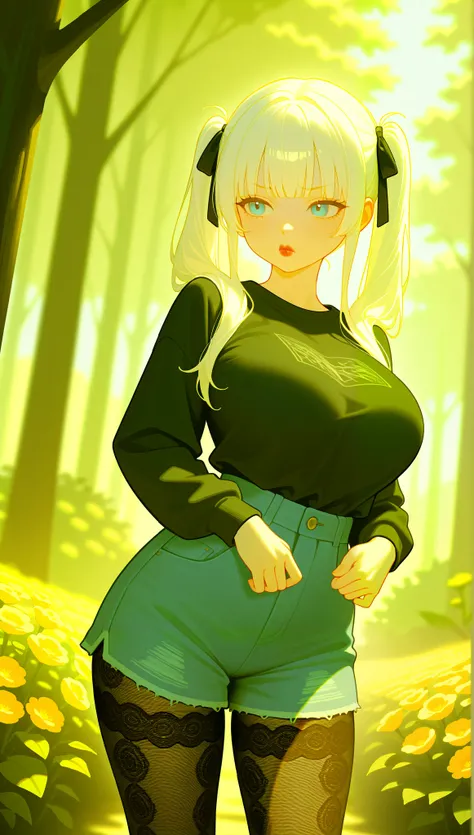 Big Breasts, 1girl, ((Long pigtails, straight bangs, eye-bangs Hair, White hair)) ((Gothic girl)) light blue eyes, has an extremely sexy body, with full breasts and thin waist, and an extremely sexy body, HIP HOP long sleeve t-shirt, Beautiful Sweatshirt, ...