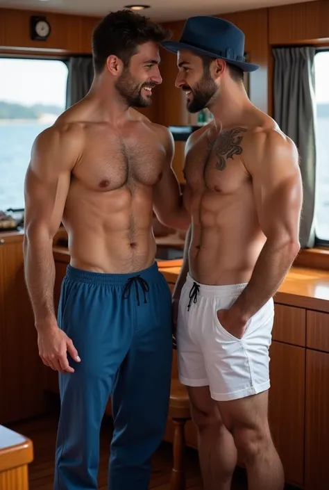  Cabin on the ship where there are 2 partners one in blue MJTK and hat has an athletic body and a little hairy legs very hairy,his partner is standing in front of him in a white tshert he is tall and slim but you can see the muscles of his body on his arms...