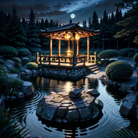 Japanese garden, moonlit night, glowing moonlight, wide view, mystical atmosphere, serene, trees, soft shadows, realistic illustration, flying fireflies, gentle light, tranquil, traditional Japanese elements, stone lantern, pond reflection, lush greenery, ...