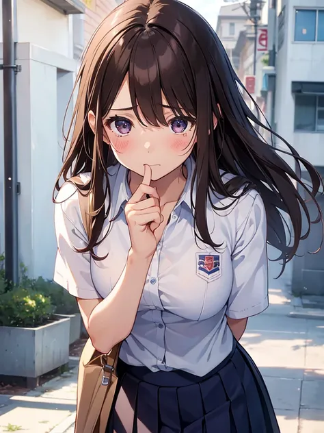 1gIrl,  small breasts,hIgh school unIform
face close-up,
HI-Res、masterwork、ChIzuru IchInose、Brown haIr、I&#39;m、Female one、outsIde of house、DetaIled background、A detaIled eye、（（brown-eyed））,BeautIful and perfect legs, Clean and perfect hands,
 is crying,  c...