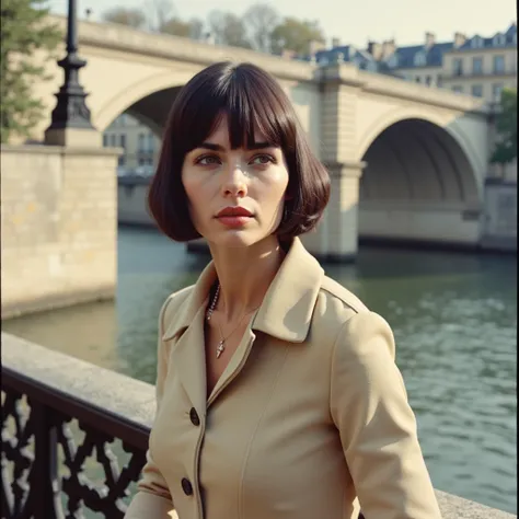 young serious Mireille Mathieu, looking away, dressed in 60s fashion, full length, against the background of the embankment in Paris, Polaroid, natural colors, photo