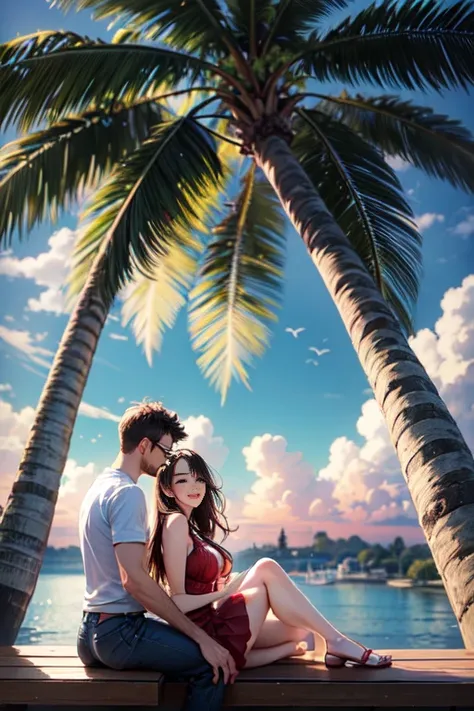 A 24 year old entwined pair of lovers sits on a sunny bench beneath towering palm trees as the vibrant hues of a sunny bath the scene in gold light. The couple, dressed in casual, red summery attire, exude a sense of carefree joy and intimacy.