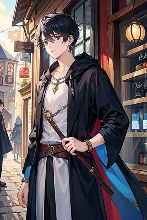  man,  Wizard,Fight with magic, dark blue robe, are wearing food ,  bracelet , Earrings,  black hair, middle ages, Main Street