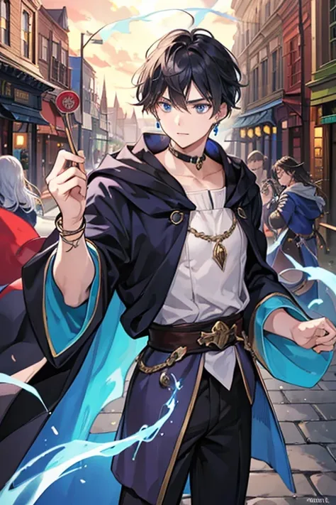  man,  Wizard,Fighting with magic, dark blue robe, are wearing food ,  bracelet , Earrings,  black hair, middle ages, Main Street