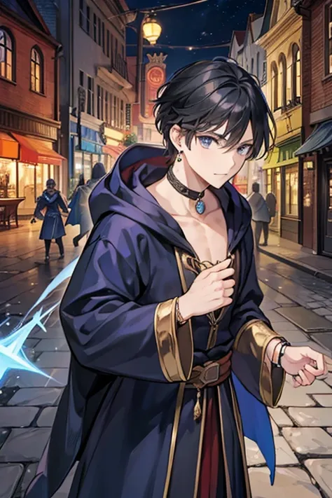  man,  Wizard,Fighting with magic, dark blue robe, are wearing food ,  bracelet , Earrings,  black hair, middle ages, Main Street