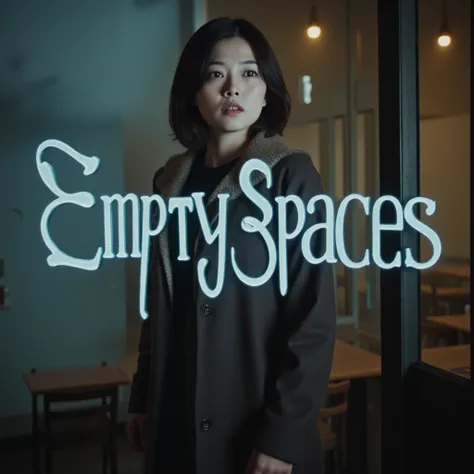 The image features a young Korean woman, a K-drama actress, posing in a melancholic and dreamy setting. She stands in front of an empty cafe, surrounded by hazy, reverb-drenched lighting, symbolizing the title "Empty Spaces." The background showcases a blu...