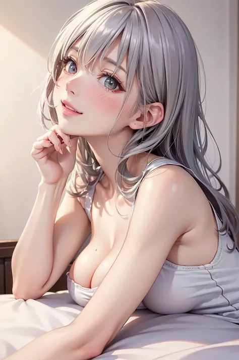 ( Best Quality , high definition ,8k,inelity detailed background, Masterpiece:1.2), pretty girl,Big Breasts, glossy romance gray hair,long hair,messy hair,Beautiful grey eyes,cuteパジャマ, Gentle look,A refreshing look,Best quality, Best Quality ,Aesthetic and...